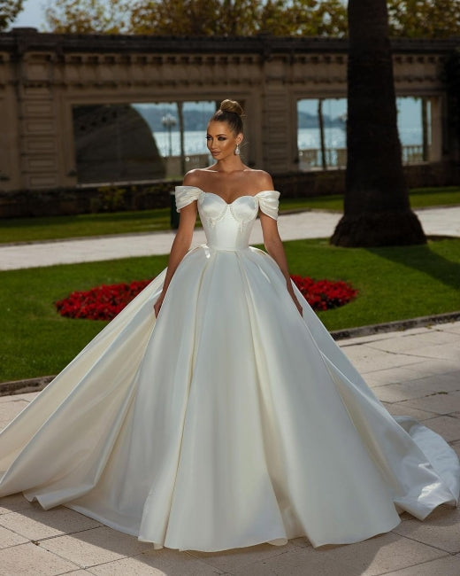Off-the-Shoulder Sweetheart Ball Gown Satin Sleeveless Garden Bridal Dress-misshow.com