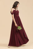 Off-the-Shoulder Sweetheart Burgundy Long Bridesmaid Dress With Slit-misshow.com
