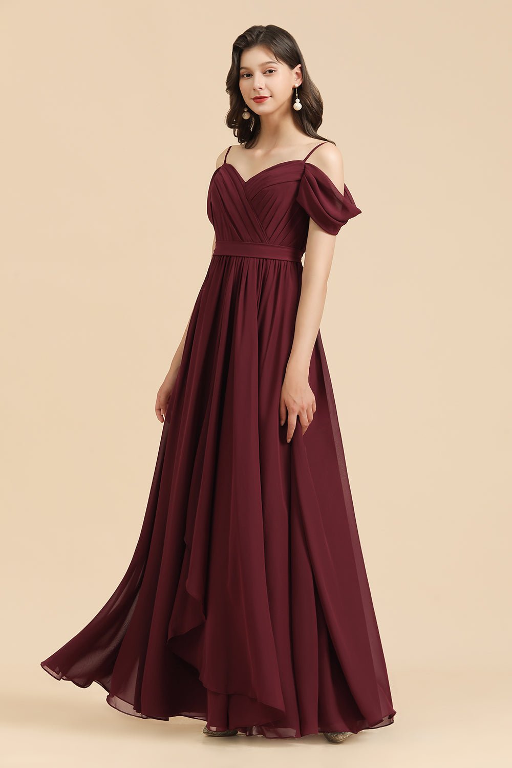 Off-the-Shoulder Sweetheart Burgundy Long Bridesmaid Dress With Slit-misshow.com