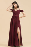 Off-the-Shoulder Sweetheart Burgundy Long Bridesmaid Dress With Slit-misshow.com