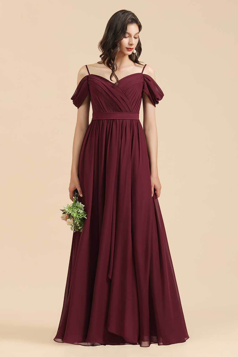 Off-the-Shoulder Sweetheart Burgundy Long Bridesmaid Dress With Slit-misshow.com