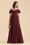 Off-the-Shoulder Sweetheart Burgundy Long Bridesmaid Dress With Slit