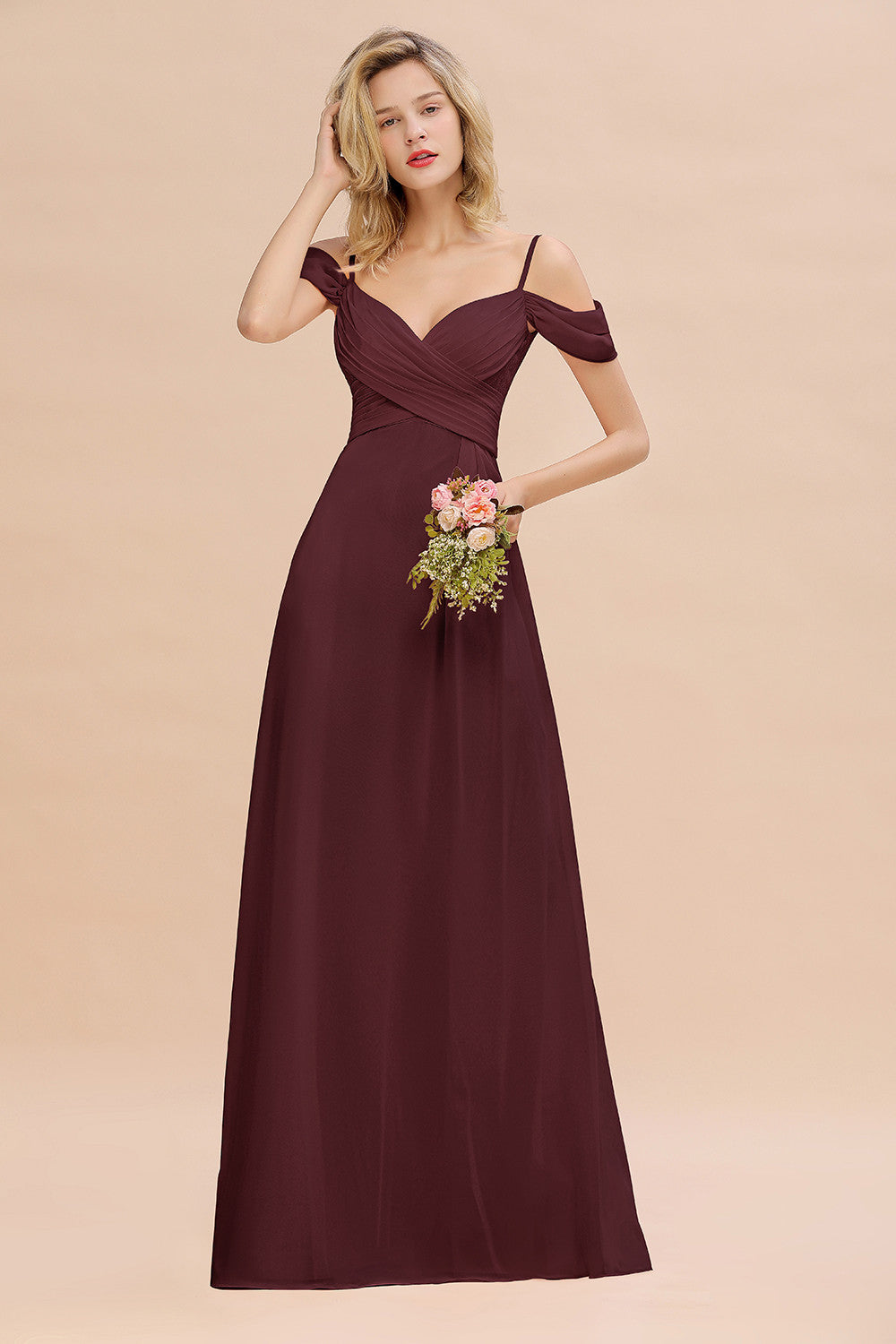 sweetheart off the shoulder bridesmaid dress Stacees Puce Pink A-line Chiffon Bridesmaid Dress with Cold-Shoulder Sleeves