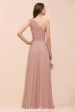 One Shoulder Chiffon Bridesmaid Dress Dusty Pink Wedding Guest Dress for Bride-misshow.com