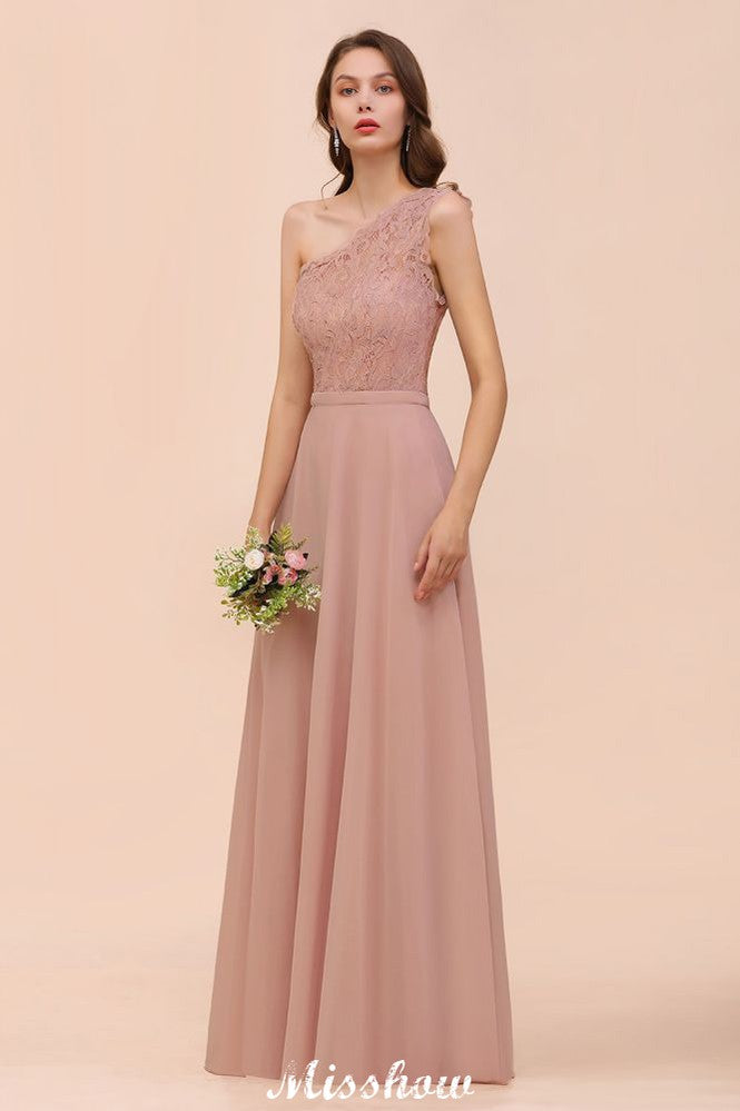 One Shoulder Chiffon Bridesmaid Dress Dusty Pink Wedding Guest Dress for Bride | MISSHOW misshow.com One Shoulder Chiffon Bridesmaid Dress Dusty Pink Wedding Guest Dress for Bride | MISSHOW misshow.com