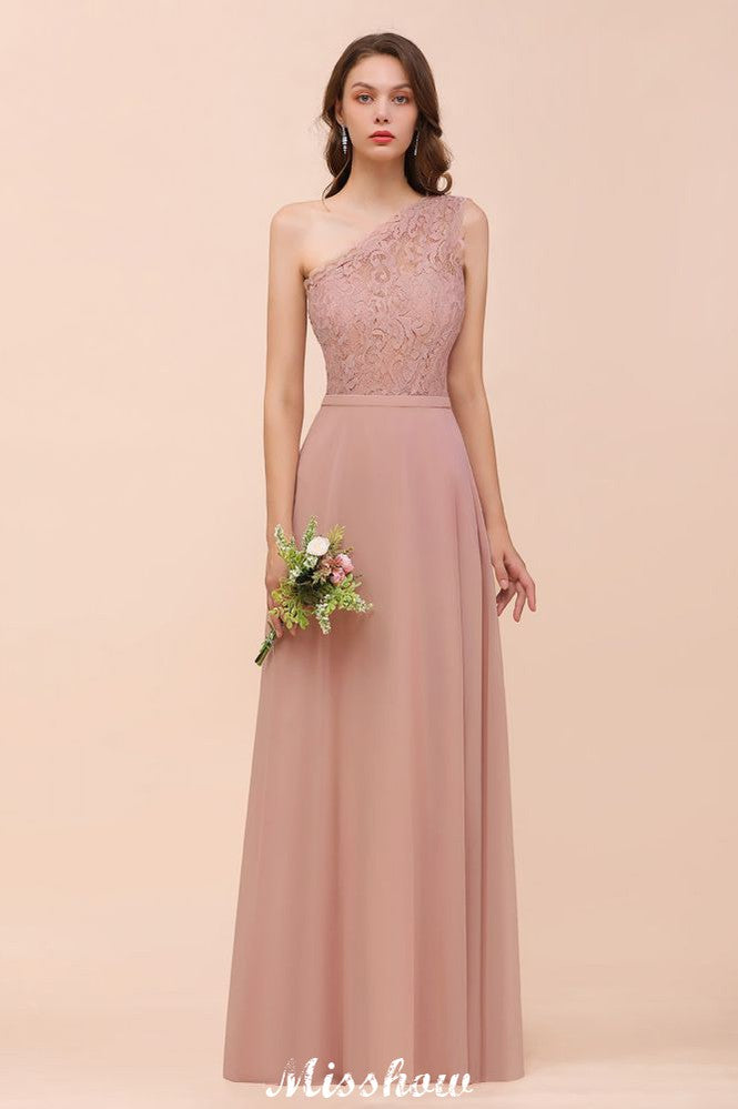 One Shoulder Chiffon Bridesmaid Dress Dusty Pink Wedding Guest Dress for Bride | MisShow One Shoulder Chiffon Bridesmaid Dress Dusty Pink Wedding Guest Dress for Bride | MisShow