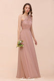 One Shoulder Chiffon Bridesmaid Dress Dusty Pink Wedding Guest Dress for Bride-misshow.com