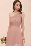 One Shoulder Chiffon Bridesmaid Dress Dusty Pink Wedding Guest Dress for Bride-misshow.com