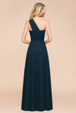 One Shoulder Floor-Length Bridesmaid Dress A-line Chiffon Wedding Party Dresses-misshow.com