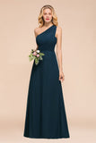 One Shoulder Floor-Length Bridesmaid Dress A-line Chiffon Wedding Party Dresses-misshow.com