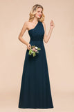 One Shoulder Floor-Length Bridesmaid Dress A-line Chiffon Wedding Party Dresses-misshow.com
