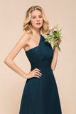 One Shoulder Floor-Length Bridesmaid Dress A-line Chiffon Wedding Party Dresses-misshow.com