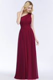 Looking for Bridesmaid Dresses in 30D Chiffon, A-line style, and Gorgeous Ruffles work  MISSHOW has all covered on this elegant One-shoulder Floor Length Burgundy Ruffled Chiffon A-line Bridesmaid Dresses