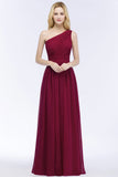 Looking for Bridesmaid Dresses in 30D Chiffon, A-line style, and Gorgeous Ruffles work  MISSHOW has all covered on this elegant One-shoulder Floor Length Burgundy Ruffled Chiffon A-line Bridesmaid Dresses