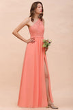 One Shoulder Floral Bridesmaid Dress Side Split Formal Wedding Guest Dress with Pocket-misshow.com