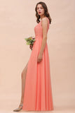 One Shoulder Floral Bridesmaid Dress Side Split Formal Wedding Guest Dress with Pocket-misshow.com