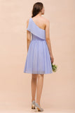 One Shoulder Lavender Mini Bridesmaid Dress Chiffon Knee Length Simple Daily Dress-misshow.com