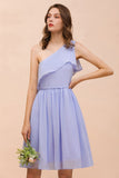 One Shoulder Lavender Mini Bridesmaid Dress Chiffon Knee Length Simple Daily Dress-misshow.com