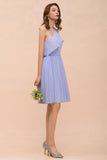 One Shoulder Lavender Mini Bridesmaid Dress Chiffon Knee Length Simple Daily Dress-misshow.com