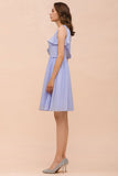 One Shoulder Lavender Mini Bridesmaid Dress Chiffon Knee Length Simple Daily Dress-misshow.com