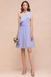 One Shoulder Lavender Mini Bridesmaid Dress Chiffon Knee Length Simple Daily Dress