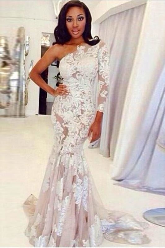 One Shoulder Long Sleeve Tulle Lace Pretty Mermaid Elegant Wedding Dresses