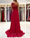 One Shoulder Red Prom Dress Floor Length Sleeveless Maxi Dress with Front Slit-misshow.com