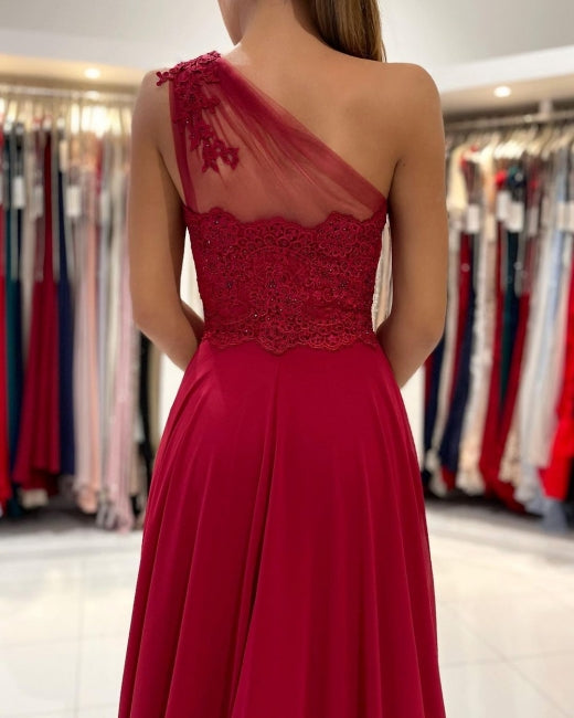 One Shoulder Red Prom Evening Dresses Floor Length Sleeveless Maxi Dress with Front Slit-misshow.com