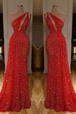 One Shoulder Red Sexy Sequins Long Prom Dresses-misshow.com