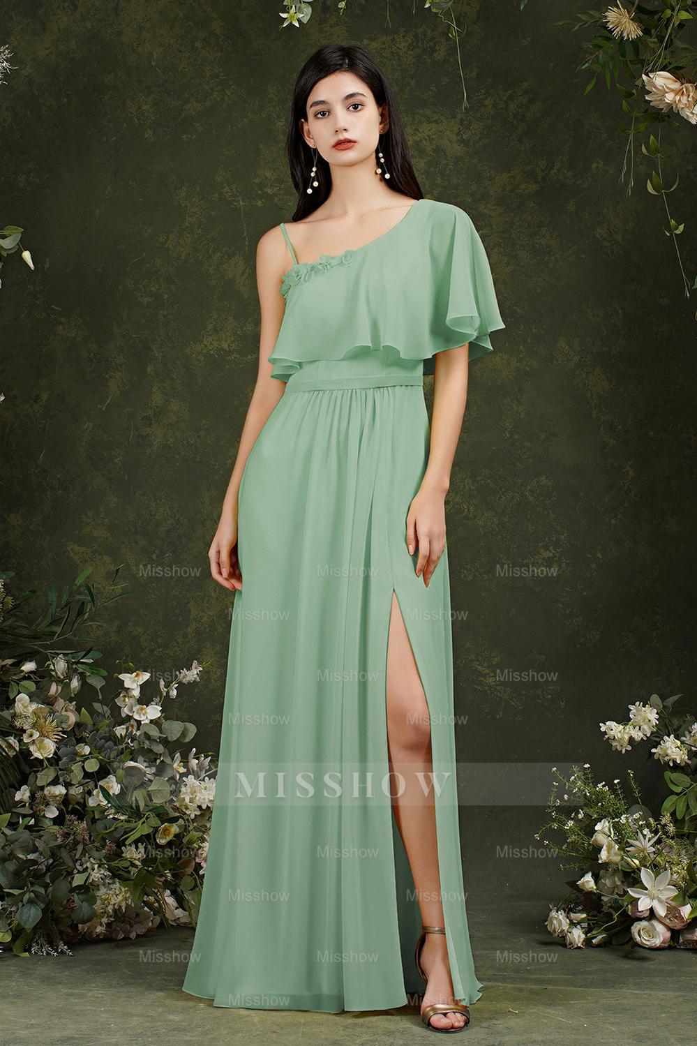 One Shoulder Ruffles Bridesmaid Dresses Long With Slit misshow.com One Shoulder Ruffles Bridesmaid Dresses Long With Slit misshow.com