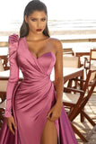 One Shoulder Satin Side Split Prom Gowns with Sweep Train-misshow.com