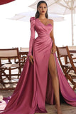 One Shoulder Satin Side Split Prom Gowns with Sweep Train
