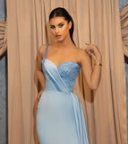 One Shoulder Sequins Sweetheart Sheath Split Prom Dress With Side Train-misshow.com