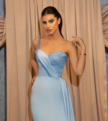 One Shoulder Sequins Sweetheart Sheath Split Prom Evening Dresses With Side Train-misshow.com