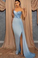 One Shoulder Sequins Sweetheart Sheath Split Prom Evening Dresses With Side Train-misshow.com
