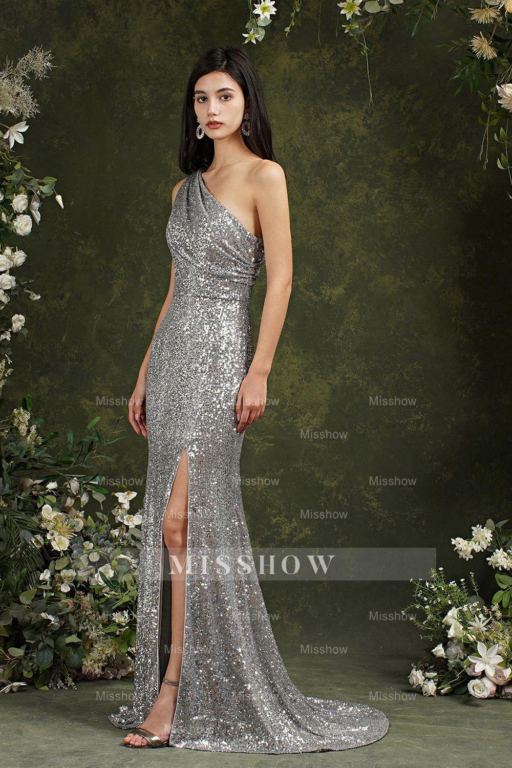 Beaded Bridesmaid Silver Sparkly Bridesmaid Dress One Shoulder Silver Sequins Bridesmaid Dresses Mermaid With Slit Beaded Bridesmaid Silver Sparkly Bridesmaid Dress One Shoulder Silver Sequins Bridesmaid Dresses Mermaid With Slit