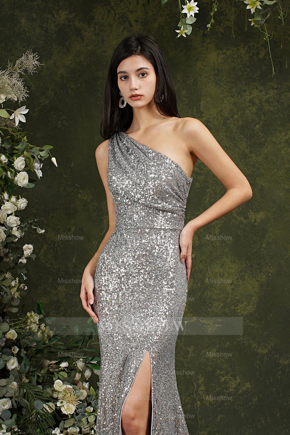 One Shoulder Silver Sequins Bridesmaid Dresses Mermaid with Slit One Shoulder Silver Sequins Bridesmaid Dresses Mermaid with Slit