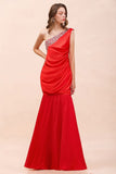 One Shoulder Strech Satin Red Ruffle Bridesmaid Dress Floor Length/Mini Party Dress-misshow.com