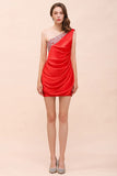 One Shoulder Strech Satin Red Ruffle Bridesmaid Dress Floor Length/Mini Party Dress-misshow.com