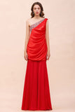 One Shoulder Strech Satin Red Ruffle Bridesmaid Dress Floor Length/Mini Party Dress