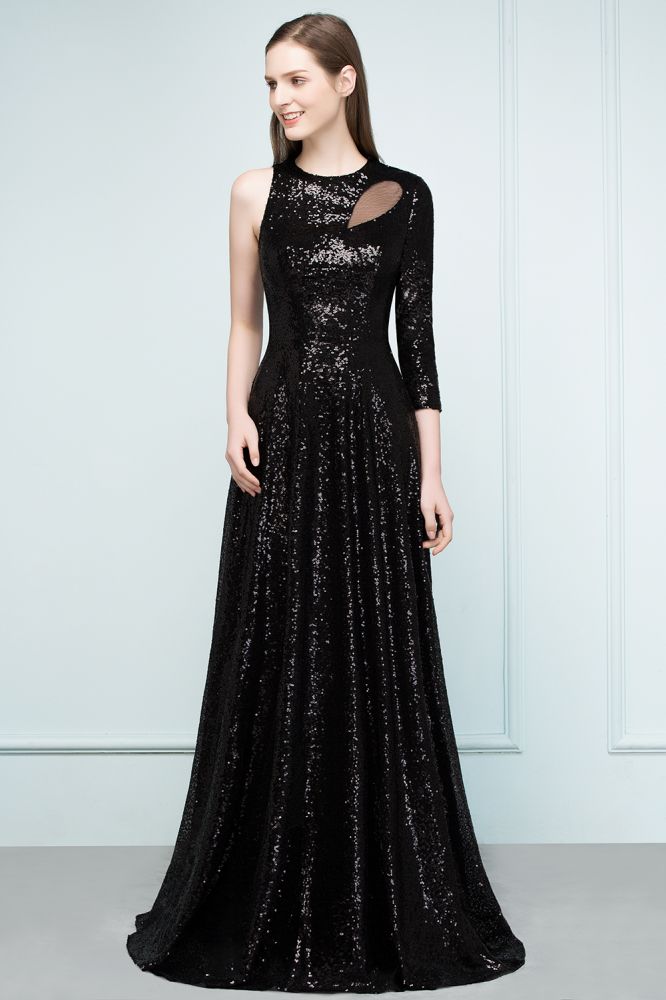 MISSHOW offers One-sleeve Black A-line Floor Length Sequined Prom Dresses at a cheap price from Black, Sequined to A-line Floor-length hem. Stunning yet affordable 3/4-Length Sleeves Prom Dresses.