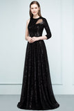 One-sleeve Black A-line Floor Length Sequined Prom Dresses