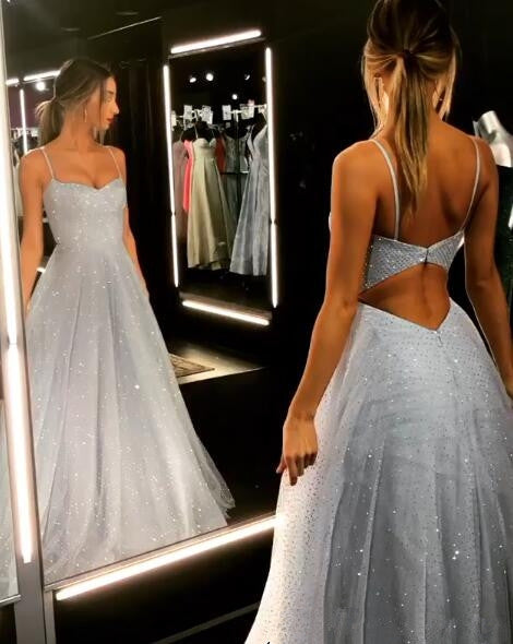 Open Back Spaghetti Strap Sequin Prom Dresses Ice Blue Sexy Evening Gowns-misshow.com