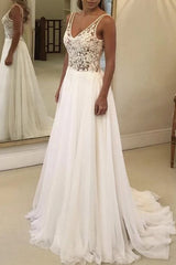 Open Back V-neck Lace Chiffon Wedding Dress-misshow.com