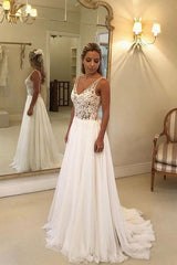 Open Back V-neck Lace Chiffon Wedding Dress-misshow.com