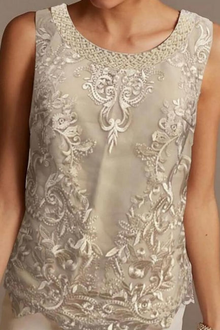 Pantsuit Mother of the Bride Dress Floor Length Chiffon Lace 3/4 Length Sleeve-misshow.com