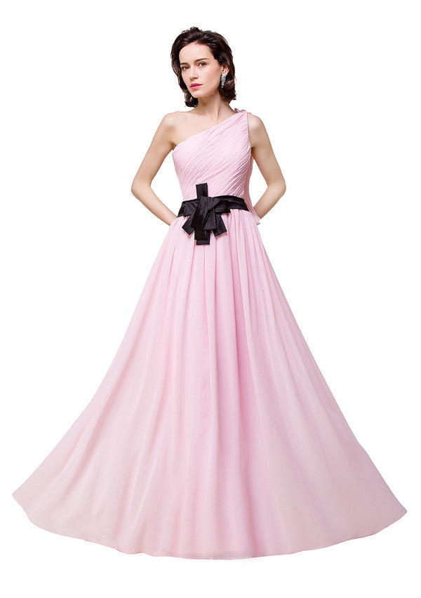 a-line one shoulder floor-length chiffon bridesmaid dress with ruffle Ruffled One-Shoulder A-Line Chiffon Bridesmaid Dress in Black, Black / 2