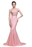 Pink Crew Sweep-length Mermaid Prom Dresses With Imitation Pearls