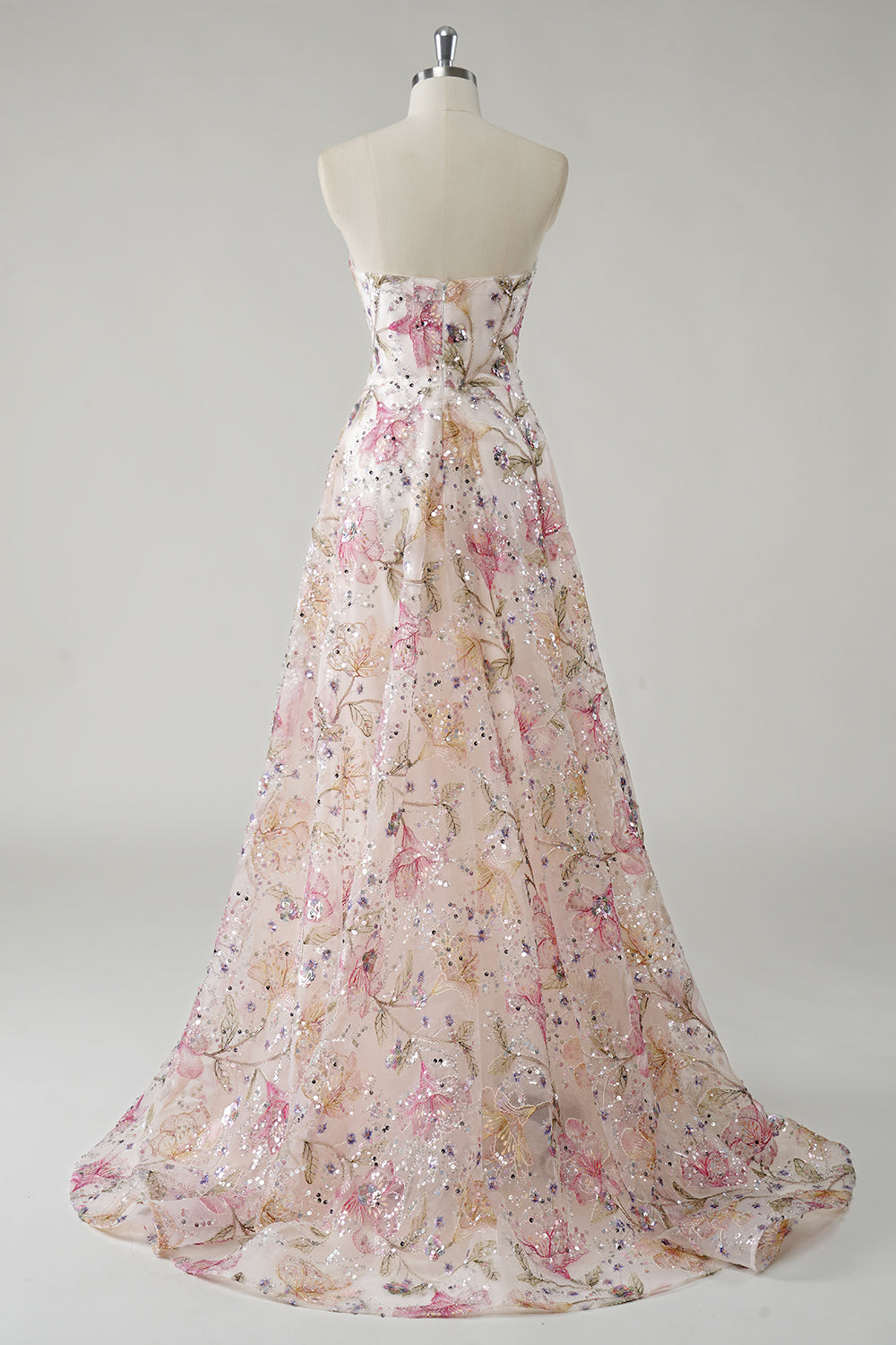 Pink Floral Embroidery Sweetheart Sequins Princess Long Prom Dress