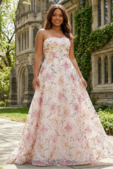 Pink Floral Embroidery Sweetheart Sequins Princess Long Prom Dress